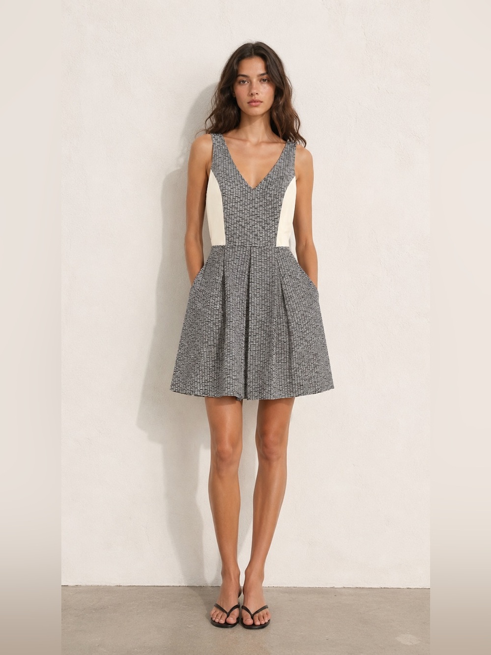 Sachin + Babi | M | V-Neck Tweed Fit-and-Flare Dress in Gray and Cream As is*